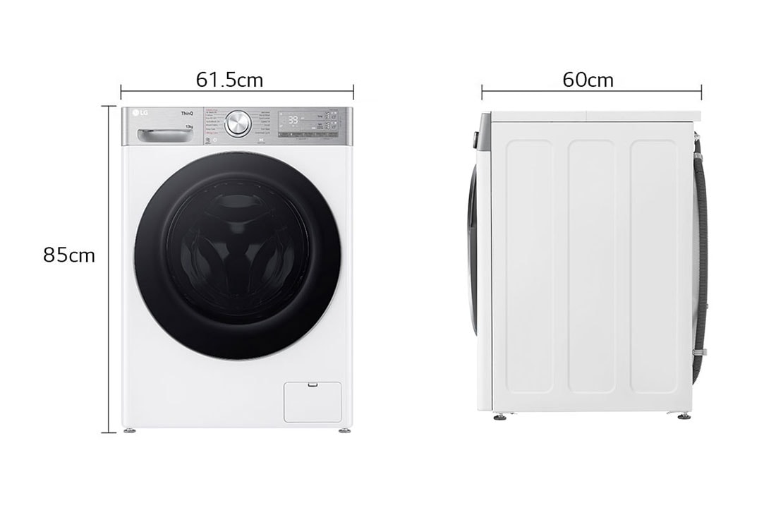 LG מכונת כביסה 13 ק''ג AIDD בצבע לבן עם פתח קדמי ודלת שחורה, Dimension view, WF13314WBC, thumbnail 2