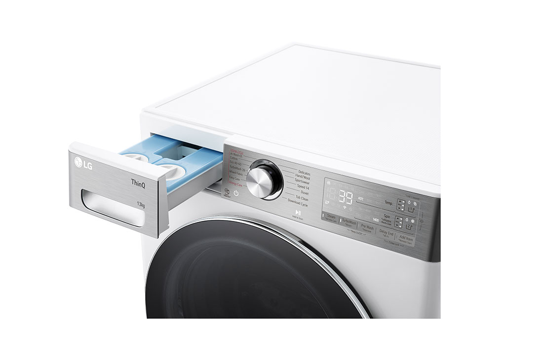 LG מכונת כביסה 13 ק''ג AIDD בצבע לבן עם פתח קדמי ודלת שחורה, Side view of detergent box, WF13314WBC, thumbnail 6