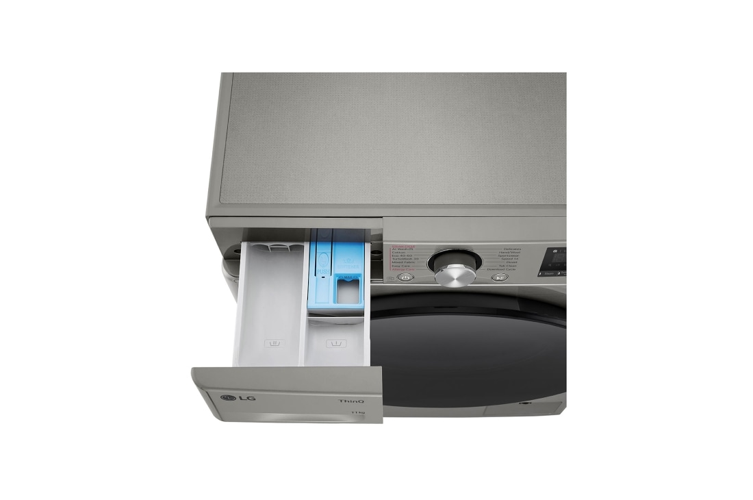 LG מכונת כביסה 11 ק''ג AIDD בצבע כסוף עם פתח קדמי ודלת שחורה, front drawer open , WF11214GBB, thumbnail 8