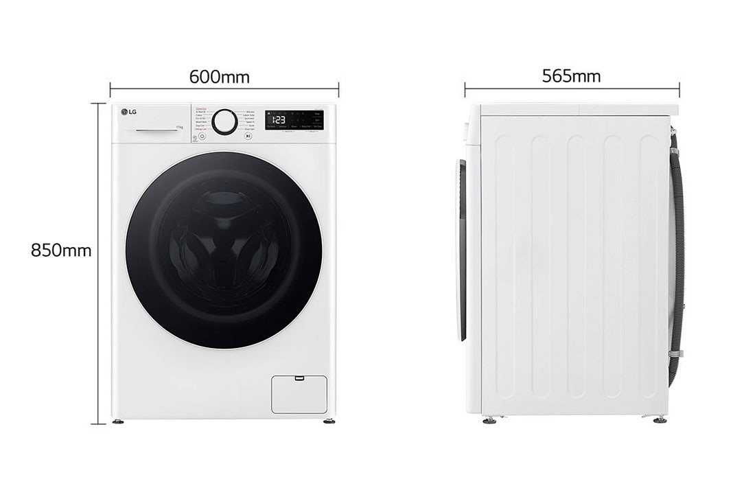 LG מכונת כביסה 11 ק''ג AIDD בצבע לבן פתח קדמי עם דלת שחורה, dimension, WF11114WBW, thumbnail 2