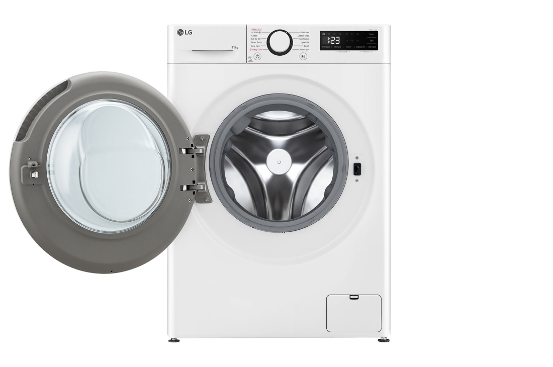 LG מכונת כביסה 11 ק''ג AIDD בצבע לבן פתח קדמי עם דלת שחורה, front view open , WF11114WBW, thumbnail 3