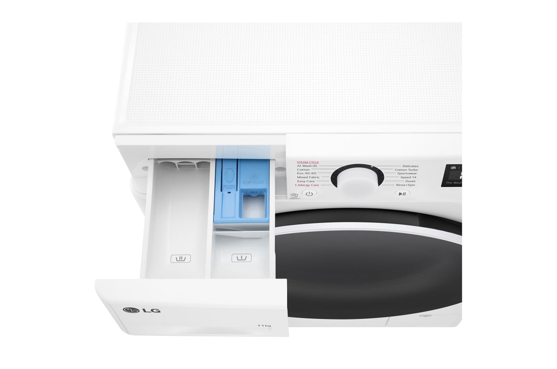 LG מכונת כביסה 11 ק''ג AIDD בצבע לבן פתח קדמי עם דלת שחורה, drawer open , WF11114WBW, thumbnail 8