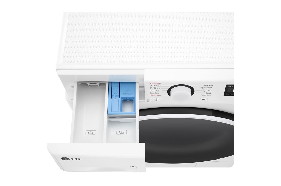 LG מכונת כביסה 10 ק''ג AIDD בצבע לבן פתח קדמי עם דלת שחורה, drawer open, WF10114WBW, thumbnail 8