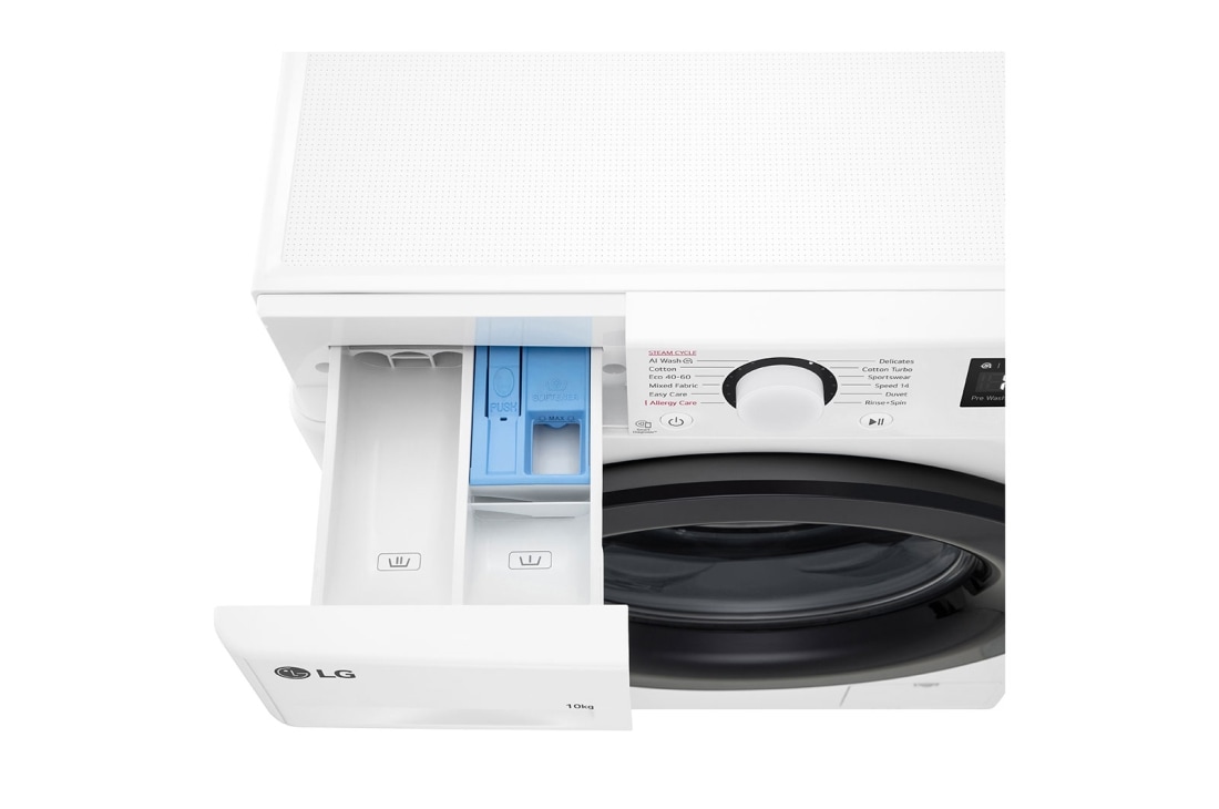 LG מכונת כביסה 10 ק''ג AIDD בצבע לבן פתח קדמי עם דלת לבנה, drawer open, WF10014WB, thumbnail 8