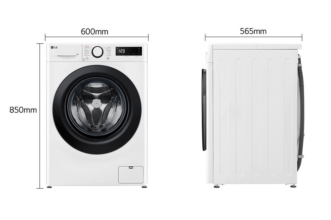 LG מכונת כביסה 9 ק''ג AIDD בצבע לבן פתח קדמי עם דלת שחורה, dimension, WF9014WB, thumbnail 2