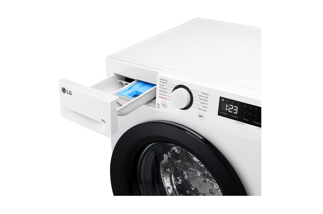 LG מכונת כביסה 9 ק''ג AIDD בצבע לבן פתח קדמי עם דלת שחורה, left drawer open , WF9014WB, thumbnail 6