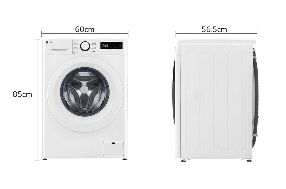 LG מכונת כביסה 9 ק''ג AIDD בצבע לבן פתח קדמי עם דלת לבנה, Dimension view, WF9014WW, thumbnail 2