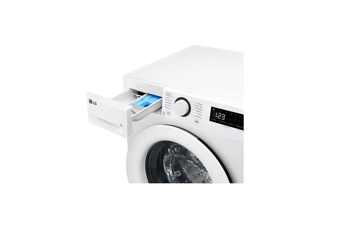 LG מכונת כביסה 9 ק''ג AIDD בצבע לבן פתח קדמי עם דלת לבנה, Side view, WF9014WW, thumbnail 6