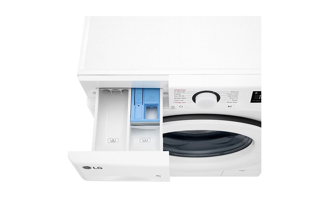 LG מכונת כביסה 9 ק''ג AIDD בצבע לבן פתח קדמי עם דלת לבנה, Top detergent view, WFS9014WW, thumbnail 8