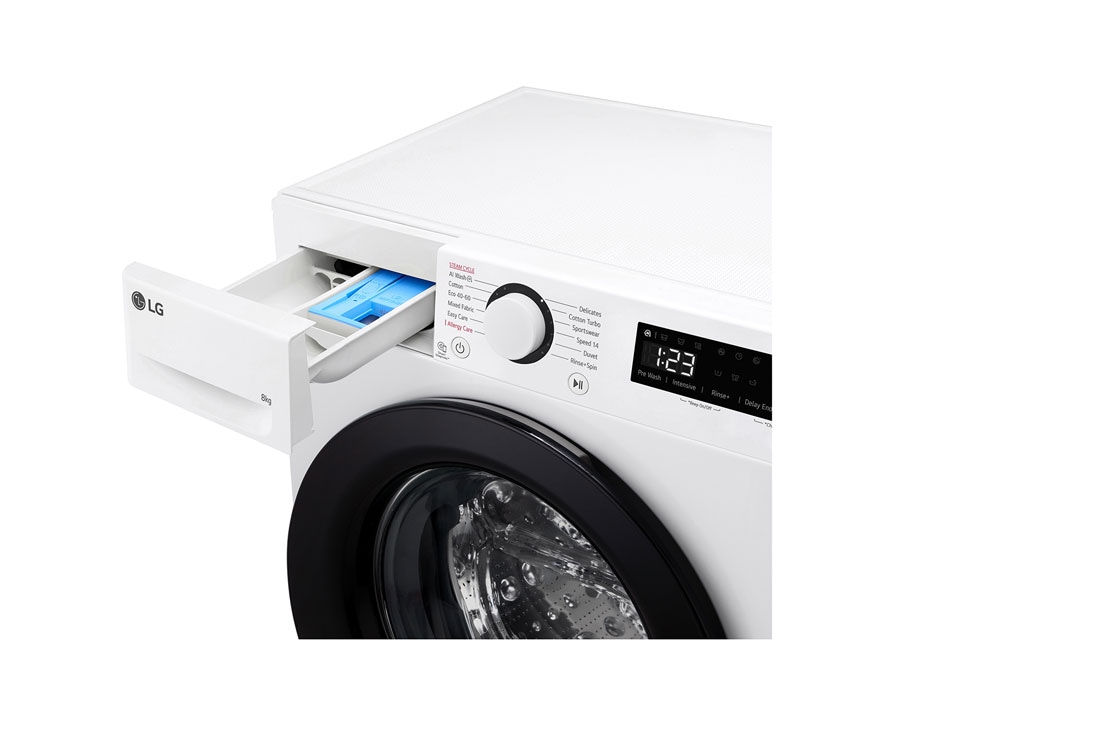 LG מכונת כביסה 8 ק''ג AIDD בצבע לבן פתח קדמי עם דלת שחורה, Side view, WFS8014WB, thumbnail 6