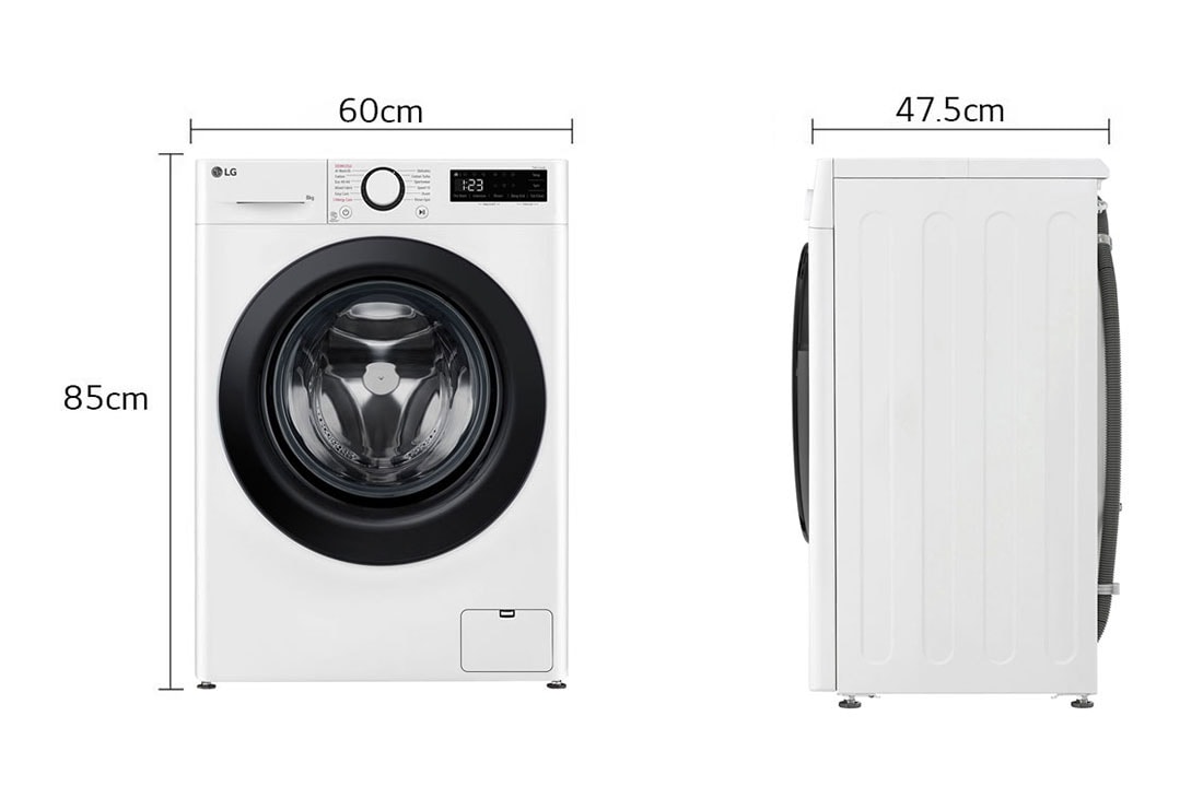 LG מכונת כביסה 8 ק''ג AIDD בצבע לבן פתח קדמי עם דלת שחורה, Dimension view, WFS8014WB, thumbnail 2