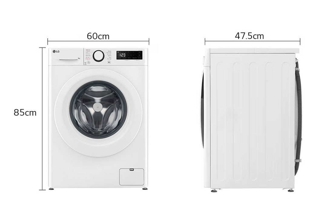 LG מכונת כביסה 8 ק''ג AIDD בצבע לבן פתח קדמי עם דלת לבנה, Dimension view, WFS8014WW, thumbnail 2