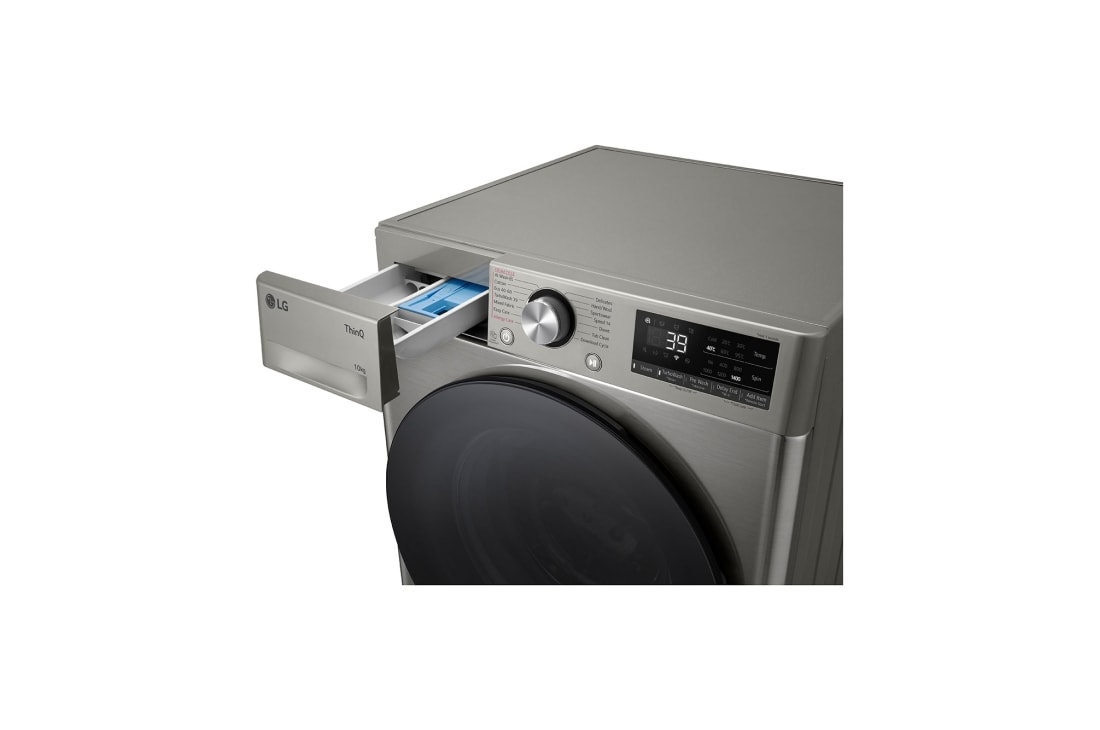 LG מכונת כביסה 10 ק''ג AIDD בצבע כסף פלטינה עם  פתח קדמי ודלת זכוכית שחורה, left drawer open, WF10214GBB, thumbnail 7