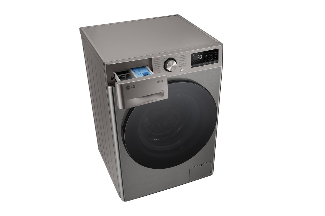 LG מכונת כביסה 10 ק''ג AIDD בצבע כסף פלטינה עם  פתח קדמי ודלת זכוכית שחורה, top view drawer open, WF10214GBB, thumbnail 10