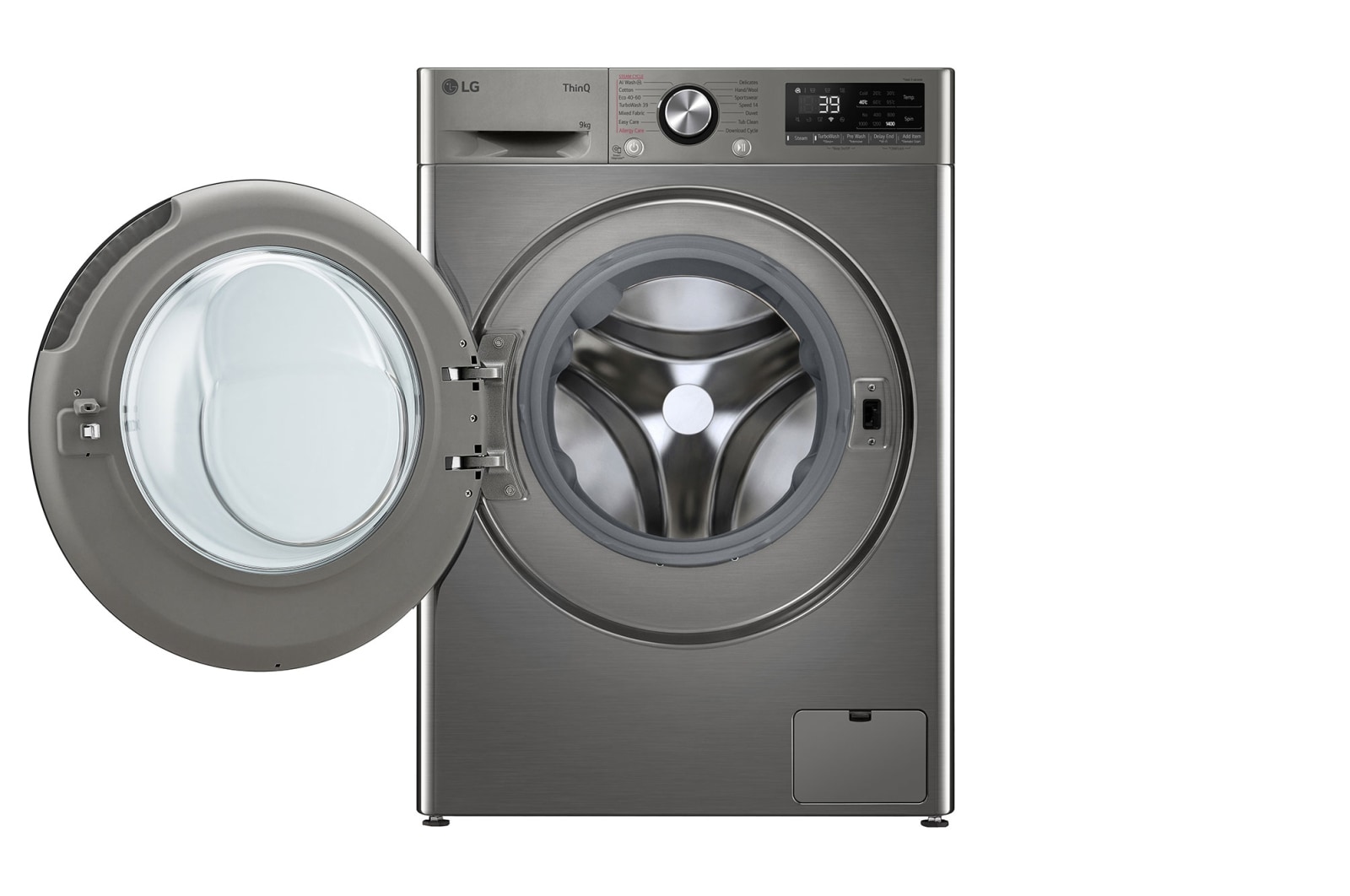 מכונת כביסה LG WF9214GBB 9 ק"ג 1400 סל"ד AI DD — כסף פלטינה עם דלת זכוכית שחורה