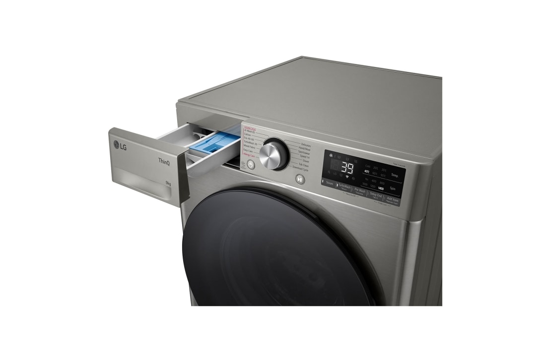 LG מכונת כביסה 9 ק''ג AIDD בצבע כסף פלטינה עם  פתח קדמי ודלת זכוכית שחורה, left drawer open, WF9214GBB, thumbnail 7