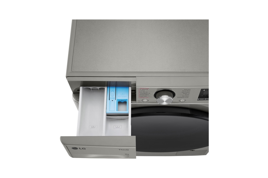 LG מכונת כביסה 9 ק''ג AIDD בצבע כסף פלטינה עם  פתח קדמי ודלת זכוכית שחורה, drawer open, WF9214GBB, thumbnail 8