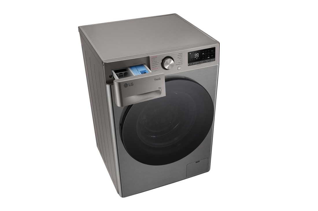 LG מכונת כביסה 9 ק''ג AIDD בצבע כסף פלטינה עם  פתח קדמי ודלת זכוכית שחורה, top view drawer open, WF9214GBB, thumbnail 10