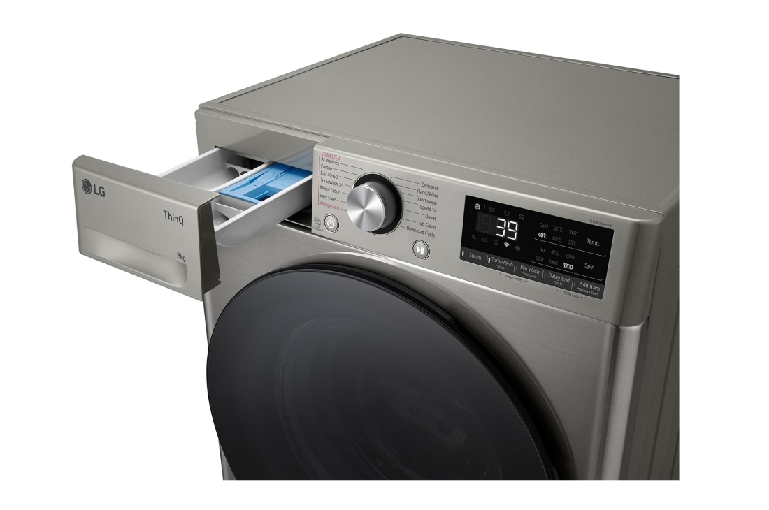LG מכונת כביסה 8 ק''ג AIDD בצבע כסף פלטינה עם  פתח קדמי ודלת זכוכית שחורה, left drawer , WFS8214GBB, thumbnail 7