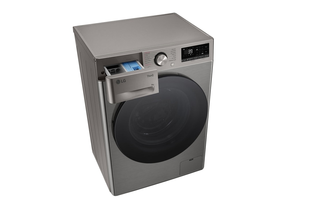 LG מכונת כביסה 8 ק''ג AIDD בצבע כסף פלטינה עם  פתח קדמי ודלת זכוכית שחורה, top view drawer open, WFS8214GBB, thumbnail 10