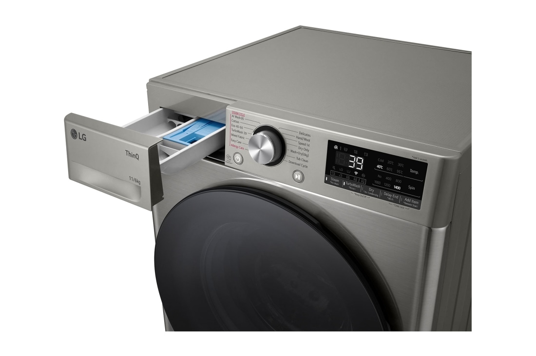 LG מכונת כביסה ומייבש 6\11 ק''ג AIDD בצבע שחור פלטינה עם פתח קדמי ודלת זכוכית שחורה, left drawer open, WD11614GBB, thumbnail 7