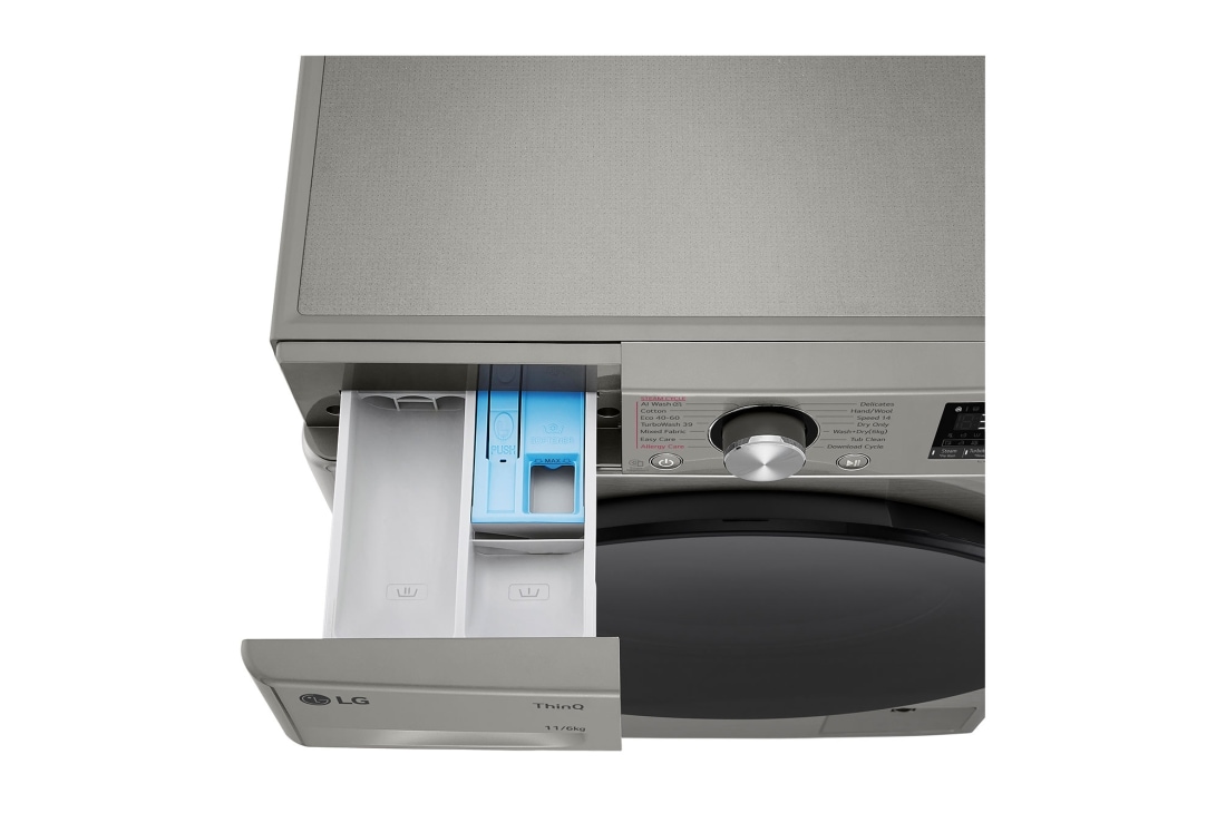 LG מכונת כביסה ומייבש 6\11 ק''ג AIDD בצבע שחור פלטינה עם פתח קדמי ודלת זכוכית שחורה, drawer open, WD11614GBB, thumbnail 8