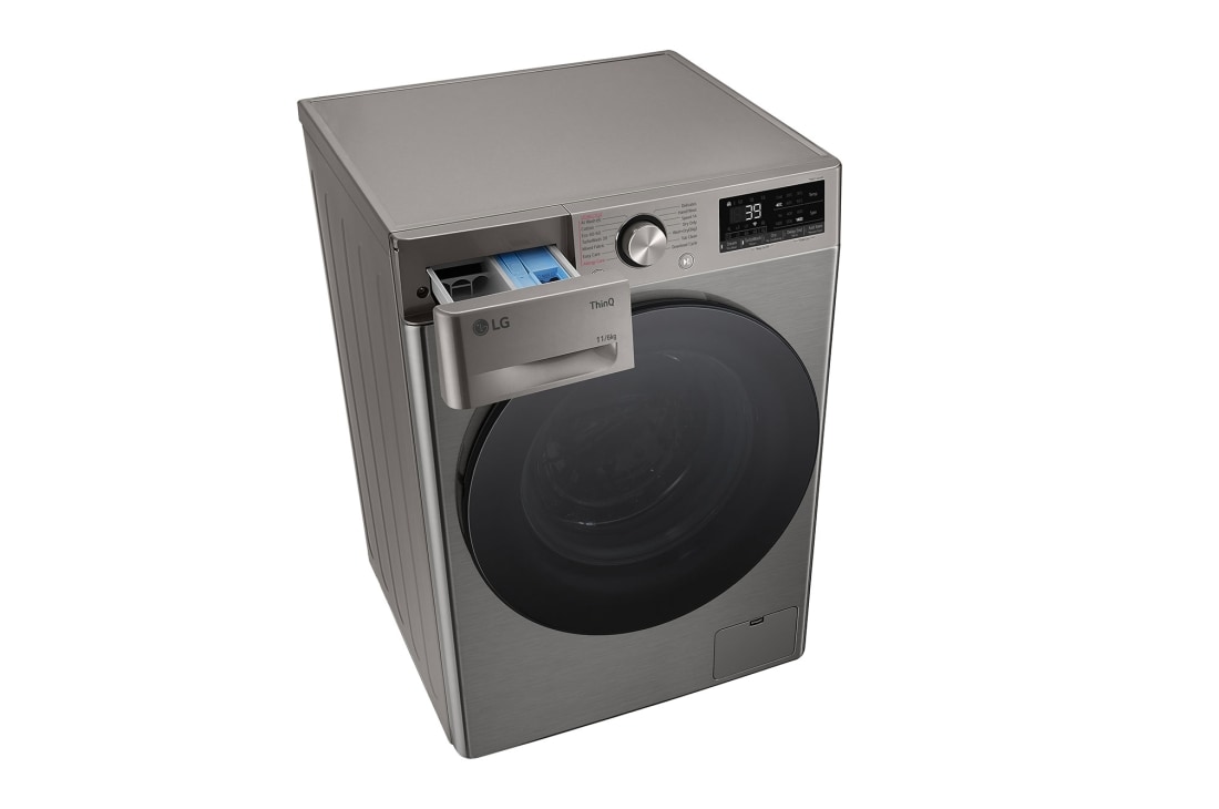 LG מכונת כביסה ומייבש 6\11 ק''ג AIDD בצבע שחור פלטינה עם פתח קדמי ודלת זכוכית שחורה, top view drawer open, WD11614GBB, thumbnail 10