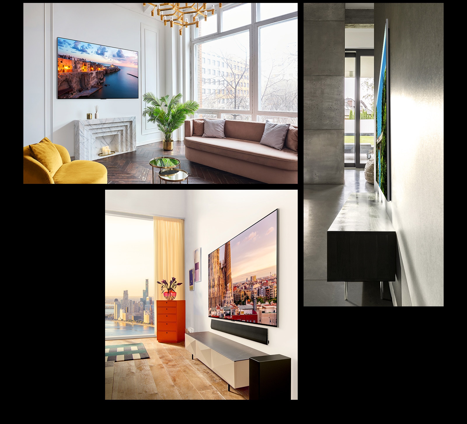 An image of LG OLED G3 on the wall of an ornate room showcasing its One Wall Design. A side view of LG OLED G3's incredibly slim dimensions. An angled view of LG OLED G3 on the wall of a city view apartment with a Soundbar below.