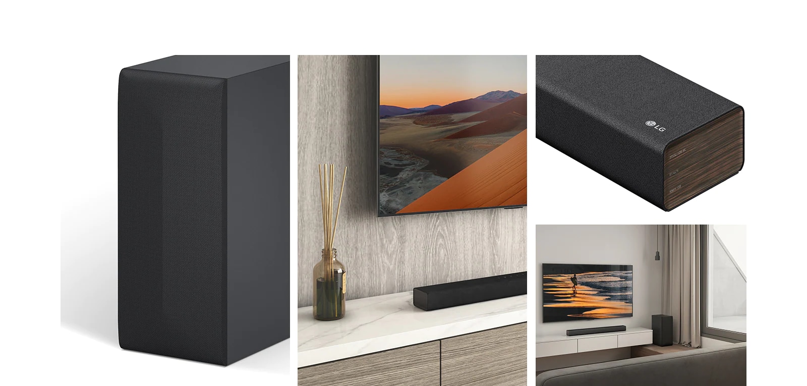 From left, an image of rear speaker, Close up of LG TV, showing the mountin on the screen and LG Sound Bar below. On the right, Clockwise from top-bottom: close-up of LG Sound Bar. LG TV, showing a beach at sunset, and LG Sound Bar, rear speaker is placed in the living room.