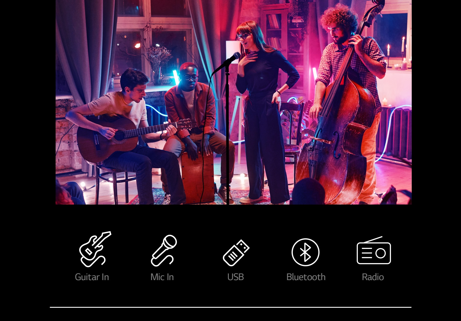 LG RNC9 A concert scene. Connectivity icons are shown below the image.
