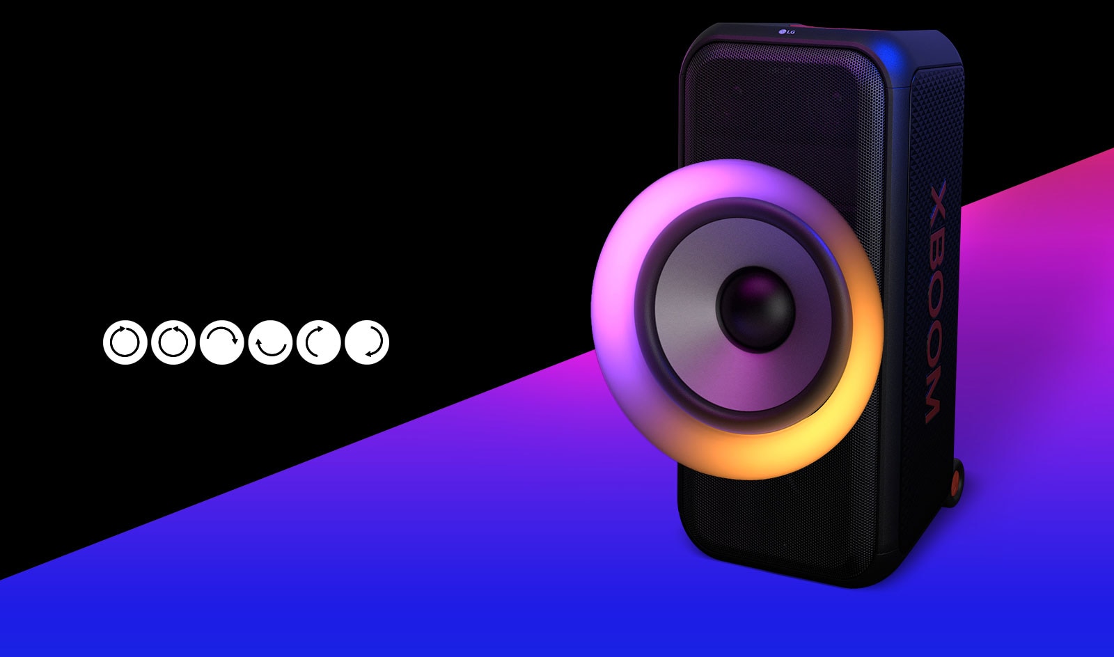 LG XL7S Text is placed on the black colored area, and the pictogram of multi color ring lighting's movements are shown; clockwise, counter-clockwise, upper and lower semicircle, left and right semicircle, and flash effect. The speaker is placed 45 degree angle to the left. And there is purple gradient colored area underneath for design purpose. 8-inch woofer is exaggerated in order to highlight its various colors.