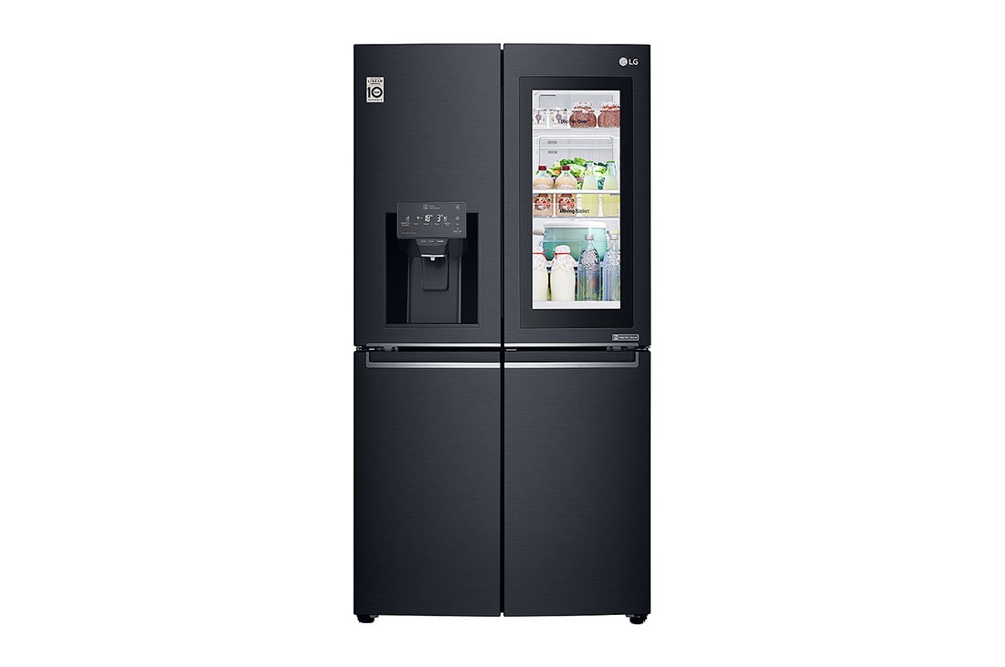 LG 889 Ltr, InstaView Door-in-Door, French Door, Side by Side Refrigerator with Inverter Linear Compressor, Water and Ice Dispenser with UV Nano, Hygiene Fresh+™, DoorCooling+™, Smart Diagnosis™, Matte Black Finish, LG GR-X31FMQH Front View, GR-X31FMQHL