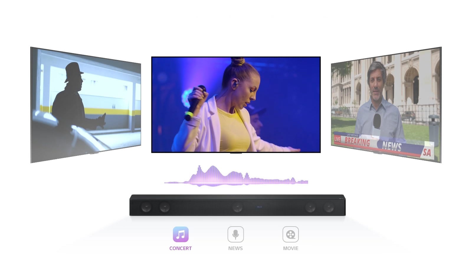 TV shows a concert, the channel is switched to News and an anchor is speaking, and channel once again is switched to a movie scene. LG Sound Bar is right below TV in the infinite space. Play the video.