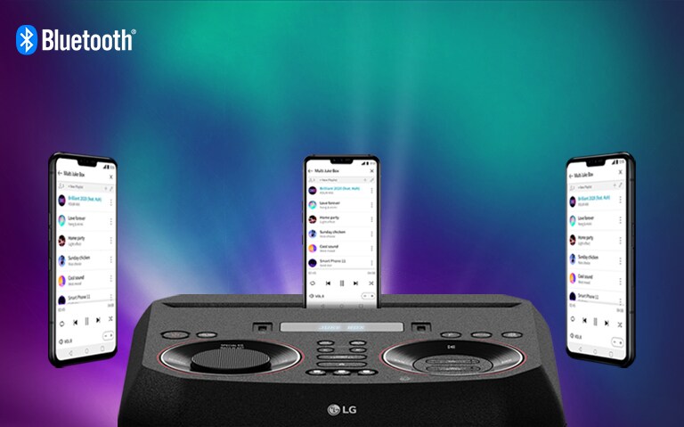 یک تلفن هوشمند روی LG XBOOM قرار دارد و دو تلفن هوشمند دیگر در اطراف آن معلق هستند. لوگوی Bluetooth در گوشه سمت چپ و بالا نشان داده شده است.
