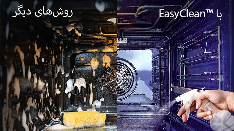 تصویری دو قسمتی: تصویر سمت چپ داخل فری را نشان می‌دهد که کف آن پر از حباب است، و تصویر سمت راست بخاری را نشان می‌دهد که از داخل فر خارج می‌شود.