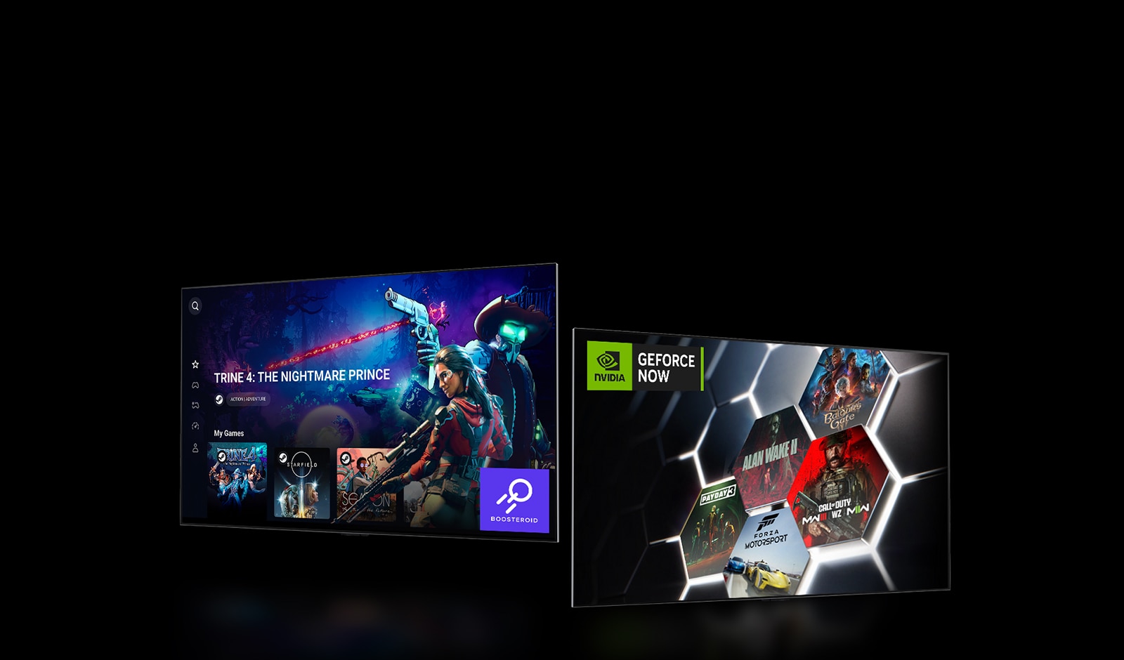 دو صفحه تلویزیونی در کنار یکدیگر هستند. یکی صفحه اصلی Boosteroid و دیگری صفحه اصلی GeForce NOW را نشان می‌دهد. 