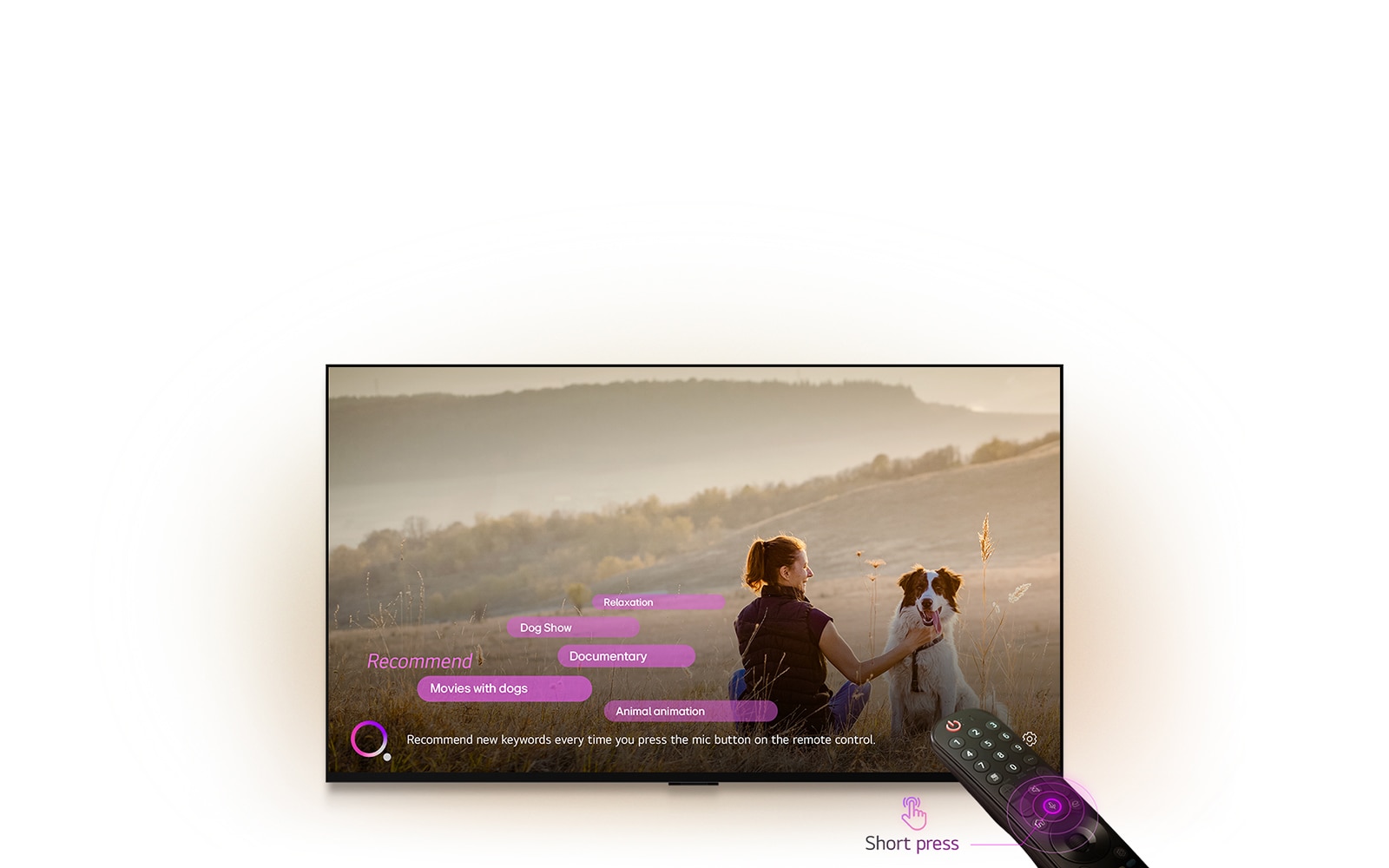 یک LG TV، تصویر یک زن و یک سگ را در زمینی وسیع نشان می‌دهد. در پایین صفحه، متن "هر بار دکمه میکروفون روی کنترل از راه دور را فشار می‌دهید، کلمات کلیدی جدید توصیه شود" کنار یک گرافیک دایره‌ای صورتی-بنفش دیده می‌شود. میله‌های صورتی کلمات کلیدی زیر را نشان می‌دهد: فیلم‌های مربوط به سگ‌ها، نمایش سگ، مستند، تمدد اعصاب، انیمیشن حیوانات. در جلوی LG TV، LG Magic Remote به سمت تلویزیون گرفته شده و دایره‌های هم‌مرکز بنفش نئون اطراف دکمه میکروفون هستند. گرافیک یک انگشت کنار کنترل از راه دور هست که دکمه‌ای را فشار می‌دهد و متن "فشار کوتاه" دیده می‌شود.