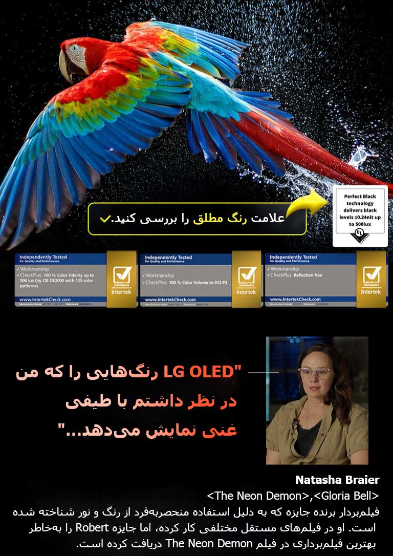 طوطی رنگارنگ با وضوح فوق‌العاده بالا در یک پس‌زمینه مشکی. قطره‌های آب در اطراف آن در هوا معلق هستند. تصویر رنگ مطلق را به نمایش می‌گذارد، زیرا هر رنگ روی بدن طوطی زنده و شفاف است. پس‌زمینه تاریک با جزئیات پاشش‌های آب همچنین نشان می‌دهد که صفحه‌نمایش بدون انعکاس است. لوگوهای مختلف گواهی‌های UL و Intertek قابل مشاهده هستند. این موارد به %100 وفاداری رنگ، %100 حجم رنگ و ادعای بدون انعکاس بودن اشاره دارند. متنی نیز دیده می‌شود که می‌گوید: گواهی تأییدیه رنگ مطلق را بررسی کنید.