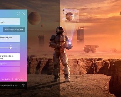 محتوای علمی-تخیلی در صفحه نمایش LG QNED TV در حال پخش است. رابط کاربری AI Chatbot روی صفحه قرار دارد. کاربر به ربات چت پیام داده که صفحه‌نمایش بیش از حد تاریک است. ربات چت راه‌حل‌هایی برای این درخواست ارائه داد. کل صحنه نیز به دو نیم تقسیم شده است. یک سمت تصویر تاریک‌تر است و سمت دیگر روشن‌تر، که نشان می‌دهد AI Chatbot به‌طور خودکار مشکل کاربر را حل کرده است.