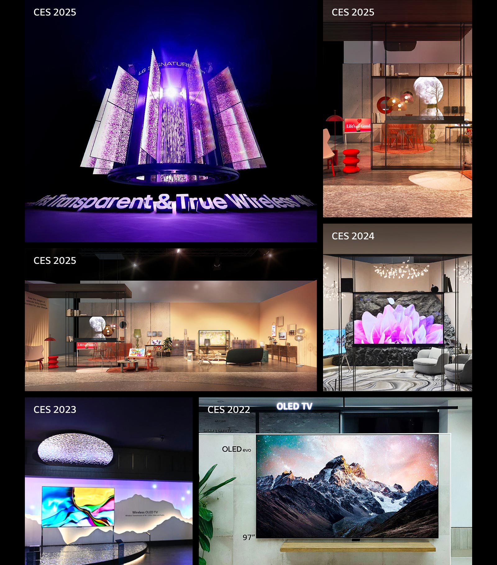  نمایشگاه‌ها و نصب‌های مختلف LG OLED در CES به نمایش گذاشته شده‌اند. این شامل CES 2022 ،CES 2023 ،CES 2024 و CES 2025 می‌شود. 