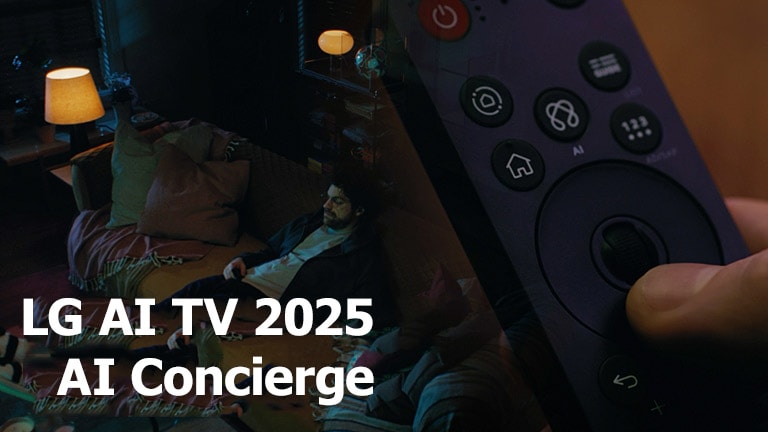 عنوان دیده می‌شود، 2025 LG AI TV، AI Concierge. LG AI Magic Remote مشاهده می‌شود. مردی روی مبل نشسته است.