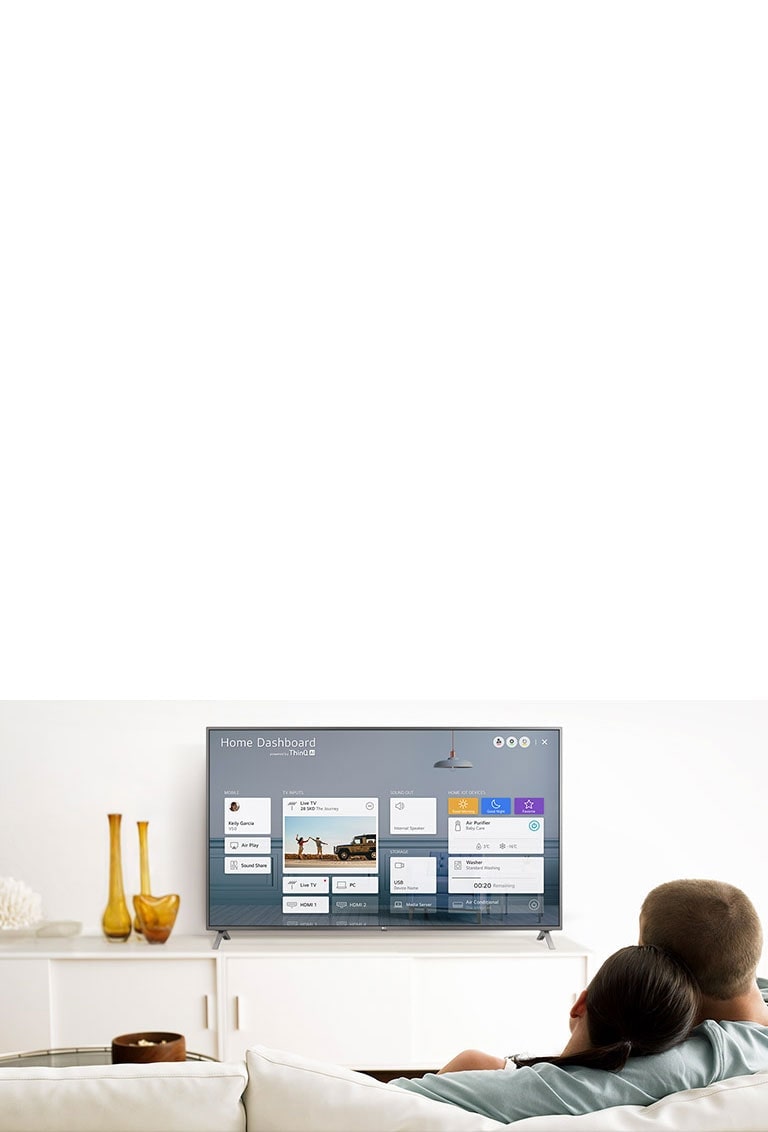 مردان و زنانی که در اتاق نشیمن روی مبل نشسته‌اند و به داشبورد اصلی در صفحه تلویزیون نگاه می‌کنند.