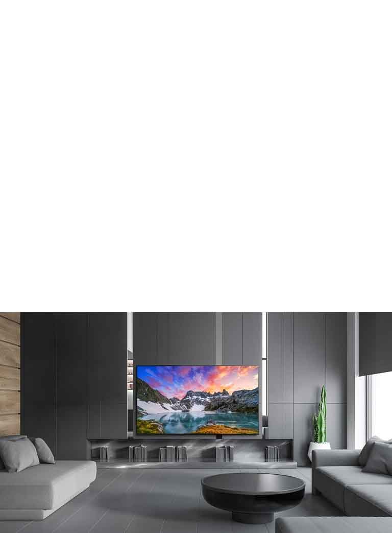 تلویزیونی در حال نشان دادن نمایی با زاویه همسطح از طبیعت در یک خانه مجلل