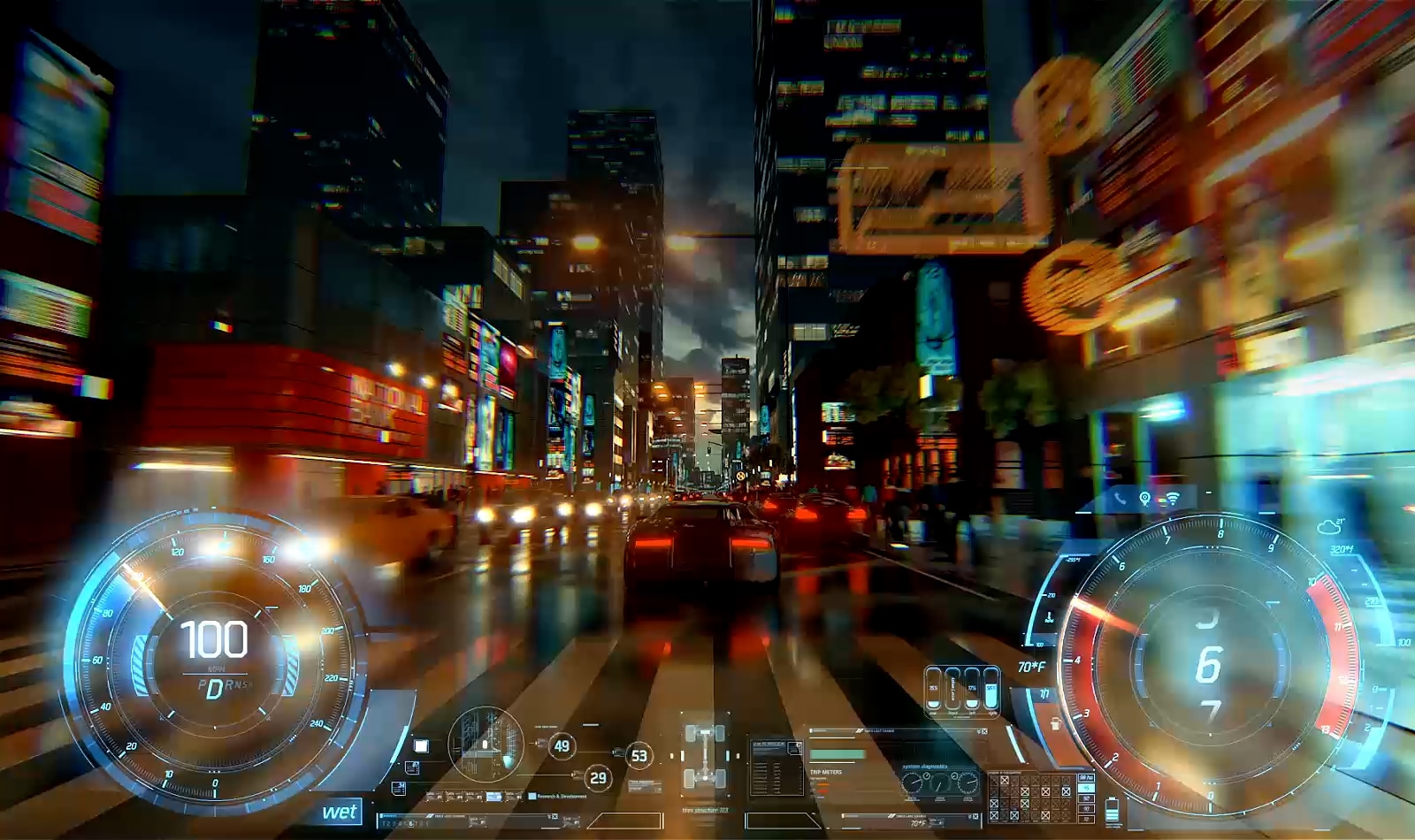 یک تصویر ویدیویی خودرویی را در یک بازی ویدیویی از نمای پشتی در خیابانی با نورپردازی شهری و در هنگام غروب خورشید تعقیب می‌کند. 