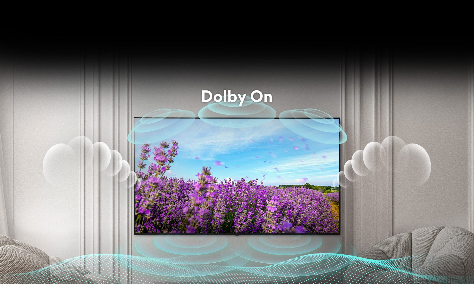 صفحه تلویزیون QNED شکوفه‌های صورتی کلزا را در مزرعه ای تابستانی به همراه عبارت «Dolby خاموش» در وسط تصویر نشان می‌دهد. تصویر درون صفحه روشن‌تر شده و عبارت به «Dolby روشن» تغییر می‌کند.