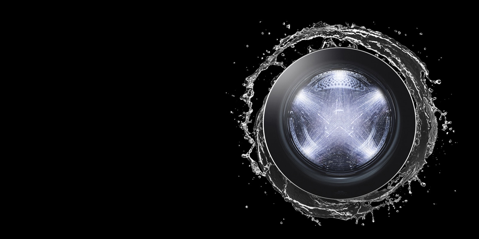 یک درب ماشین لباسشویی دیده می‌شود. آب در داخل دستگاه، از پنج جهت پاشیده می‌شود.