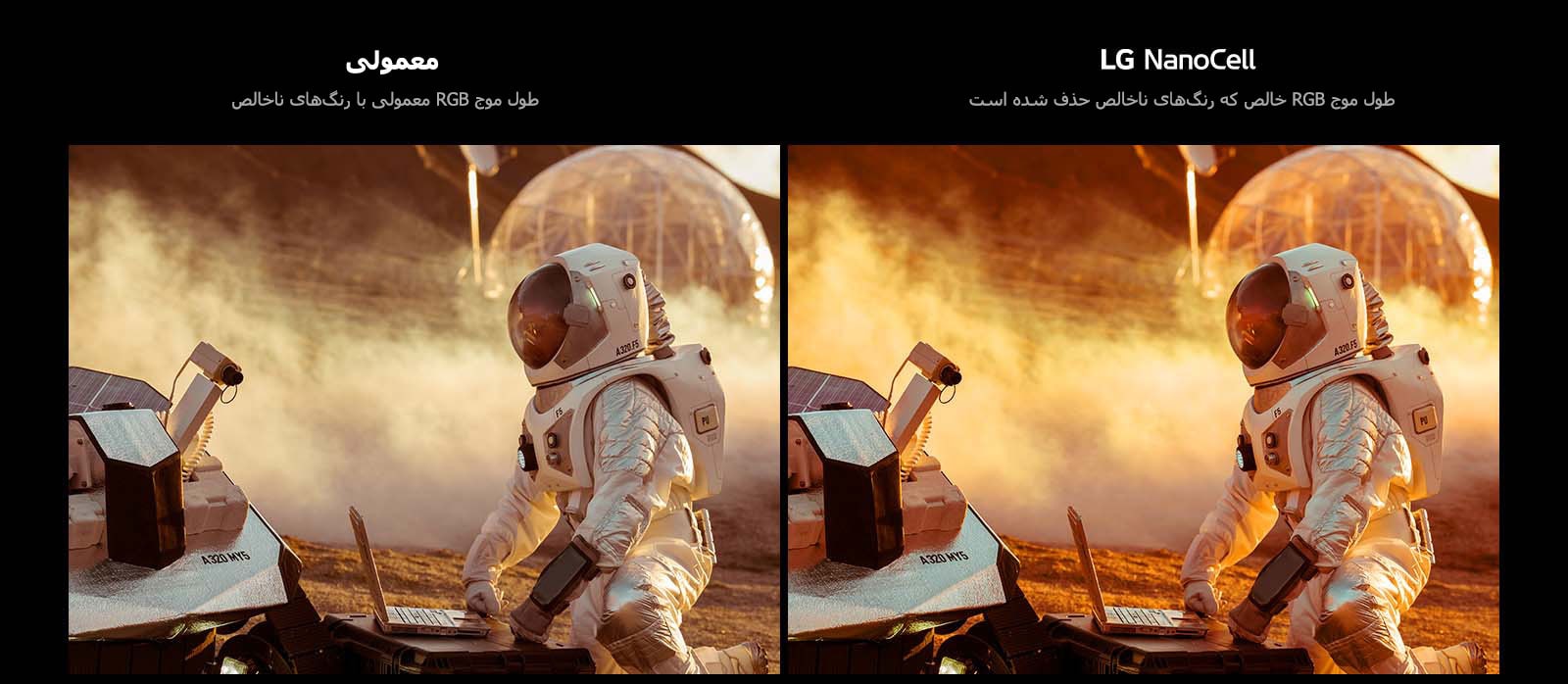 یک تلویزیون NanoCell در اتاق پذیرایی تاریک. صحنه‌ای از فیلم‌ در صفحه نمایش داده می‌شود. در زیر آن، فناوری NanoCell جهت بهبود کیفیت تصویر نمایش داده شده است.