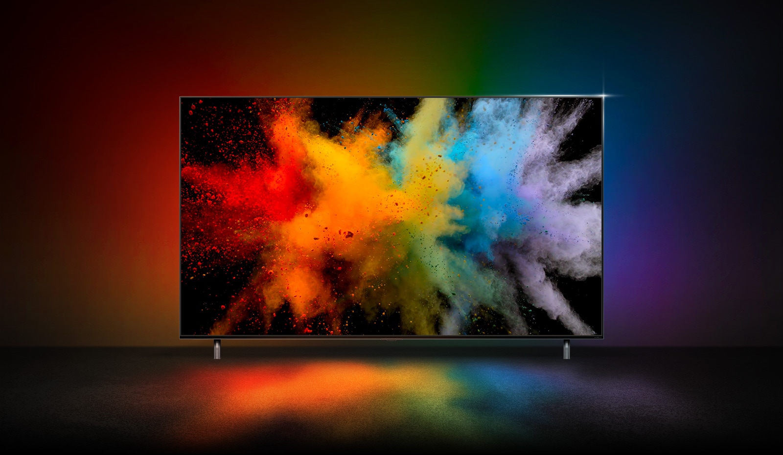 Typo-motion of QNED و نانوسل و انفجار پودر رنگی. لوگوی QNED 8K miniLED ظاهر می‌شود.