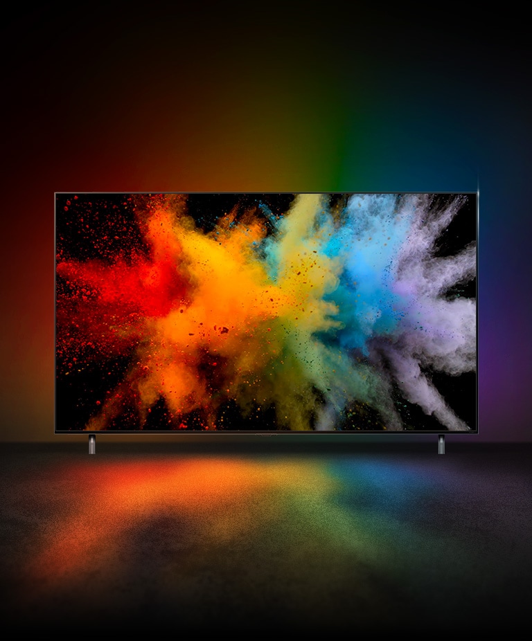 Typo-motion of QNED و نانوسل و انفجار پودر رنگی. لوگوی QNED 8K miniLED ظاهر می‌شود.