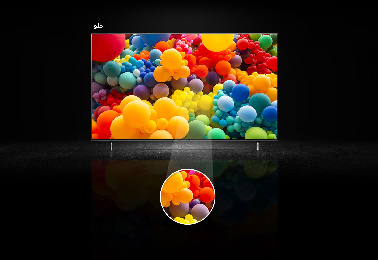 نمای جلو از صفحه نمایش QNED به همراه بادکنک های در هم و رنگارنگ در صفحه. عبارت «جلو» در بالای تلویزیون دیده می شود. بخش میانی صفحه نمایش با یک قسمت دایره ای مجزا برجسته شده است.